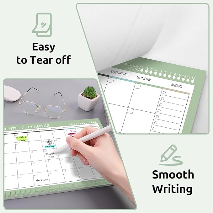 Phyxin Undated Planner, 54 Sheets Blank Calendar, 11.2" x 8.3" Monthly Calendar Planner, Tear Off Undated Monthly Planner with Memo for Women, Students, Teachers, Morandi Green