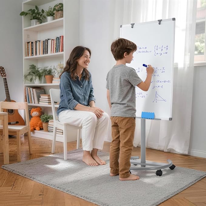 MAKELLO Rolling Whiteboard 3' x 2', Height Adjustable Dry Erase Board on Wheels, Mobile White Board for Office School Classroom Home Restaurant, Aluminum Frame, 36x24 in