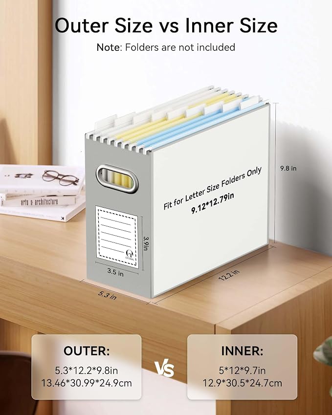 Oterri File Organizer Box, Portable Collapsible Cardboard File Folder Organizer with Handle for Letter Size Hanging Files, Document Storage Box for Home Office & Classroom (2 Packs, Grey)