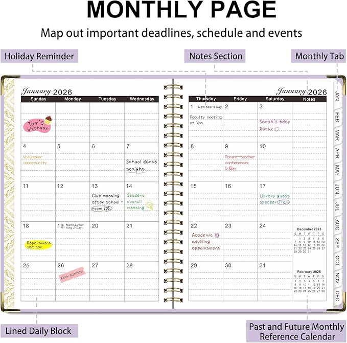 2026 Planner, Weekly and Monthly Academic Year 2026 Calendar(January 2026- December 2026), Agenda Book for School Stuedent, Teacher, Home, Office (Purple(JAN2026-DEC2026))