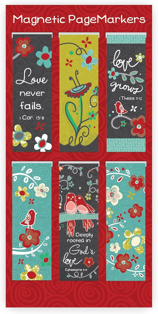 Christian Art Gifts Magnetic Scripture Bookmark Set with Bible Verse: God's Love Never Fails - Inspirational Magnetic Pagemarkers Set of 6 for Bible and Books, Floral Themed Bookmark, Size 2.3" x 0.8"