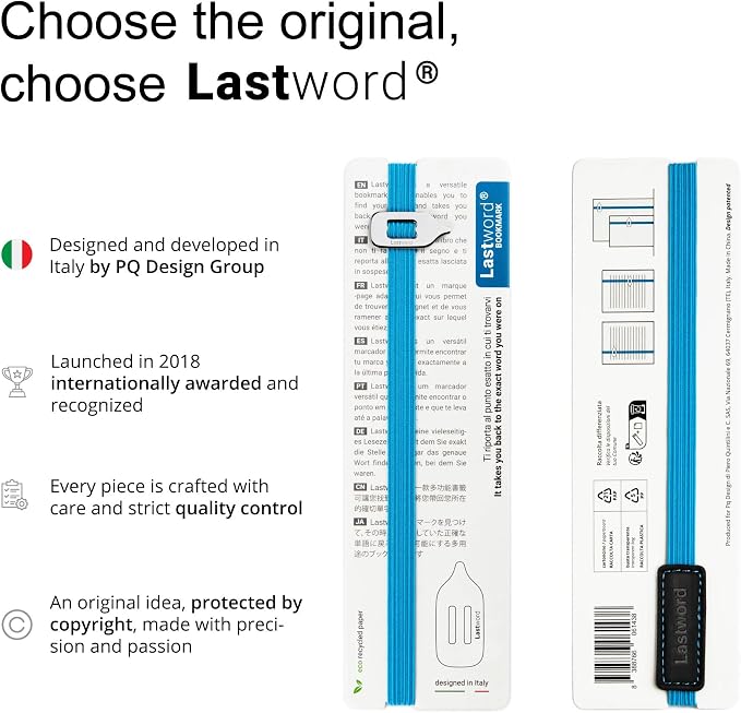 Lastword Elastic Bookmark Perfect for Any Book - Book Markers with Line Pointer Design Made in Italy - Blue