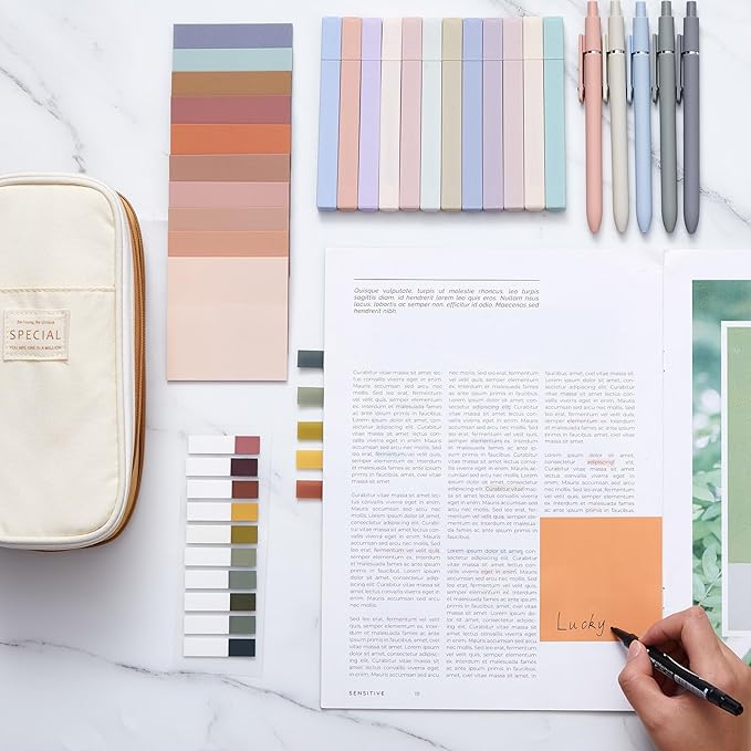 Jutom 39 Pcs Aesthetic Book Annotation Kit Highlighter with Pencil Case Bag Gel Pen Transparent Sticky Note Taking Bible Study College School Supplies(Khaki,Cute Style)
