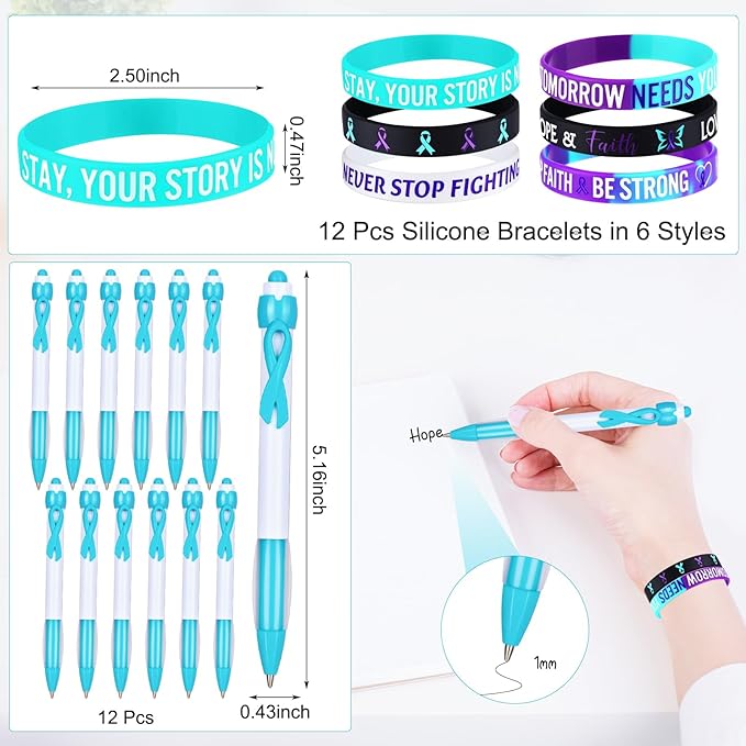 122 Pcs Ribbons Awareness Accessories Includes Ribbons Bracelets Stickers Pins Pens Keychain for School Charity Fundraiser Public Activities Supplies(Suicide Prevention,Teal Purple)