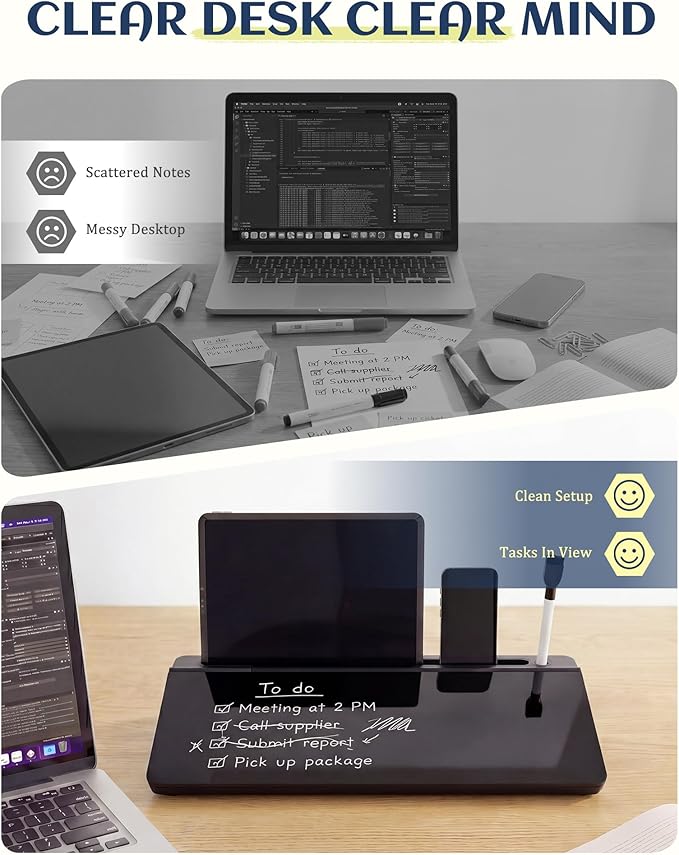 Glass Desktop Whiteboard, Dry Erase Board with Marker Holder, Computer Monitor Message Board and Desk Organizer for Home, Office and School Supplies (Black)