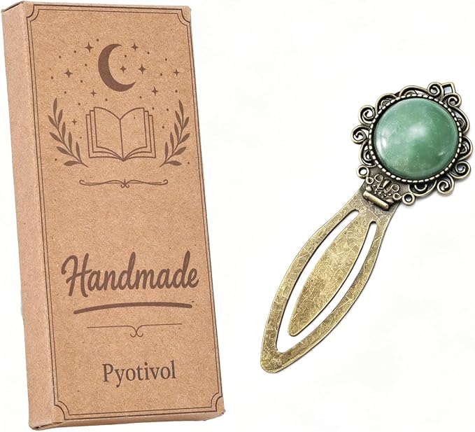 1Pcs Vintage Green Aventurine Bookmark with Natural Crystal Stone - Fantasy Brass Metal Green Jade Bookmarks for Reading Women, Men, Book Lovers, Girls and Teachers Book Marks(Green Jade)