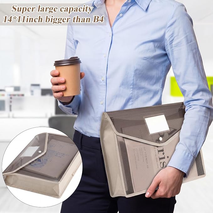 Epakh 10 Pieces Plastic File Folders Envelope Expanding File Wallet Organizer Documents Folder with Snap Closure and Pocket B4 Waterproof Transparent Pouch for School Office(Grey,Horizontal)