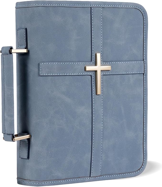 Vegan Leather Bible Cover for Men & Women, Bible Case with Gift Box, Christian Catholic Religious Bible Gifts (Light Blue)