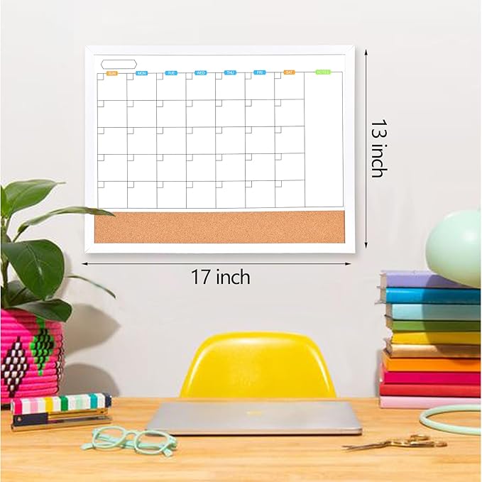 Monthly Whiteboard Calendar with Cork Board for Wall, 17"x13",Magnetic Dry Erase Board with White Wood Framed,2-1 Wall Planner Whiteboard,Bulletin Board with Pins for Home,School,Office