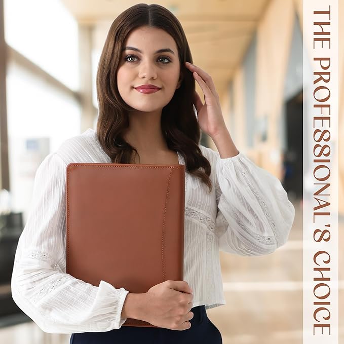 Succor Genuine Leather Portfolio Padfolio – Professional Business Folder & Leather Binder Organizer with Legal Pad Document Holder for Men & Women, Zipper-Free – 13x10 Inch, Brown