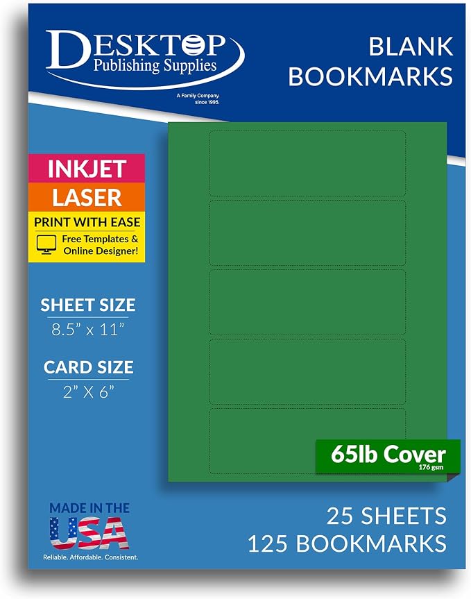 Printable Bookmarks - Blank Bookmark Printing Paper for Inkjet & Laser Printers - 2" x 6" Perforated Bookmarks 5 per Page - 25 Sheets / 125 Book Marks (Holiday Green)