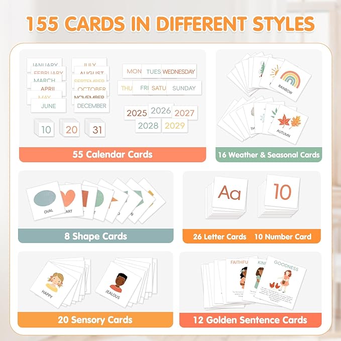 Calendar Pocket Chart for Kids, 21.5"H×14.25"L, 155 Laminated Cards with Back Storage Pocket, Early Education Teaching Supplies
