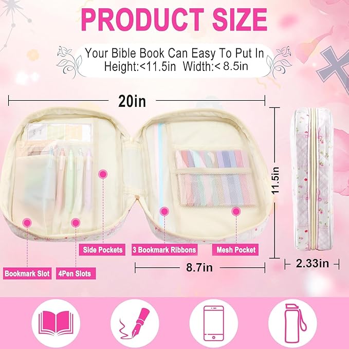Zkptops Bible Cover Case for Women Large Bible Bag Cotton Quilted Bible Carrying Case with Zipper Pocket and Handle Carrying Book Cover for Christian Study Supplies Christian Gift(Bow Flower)