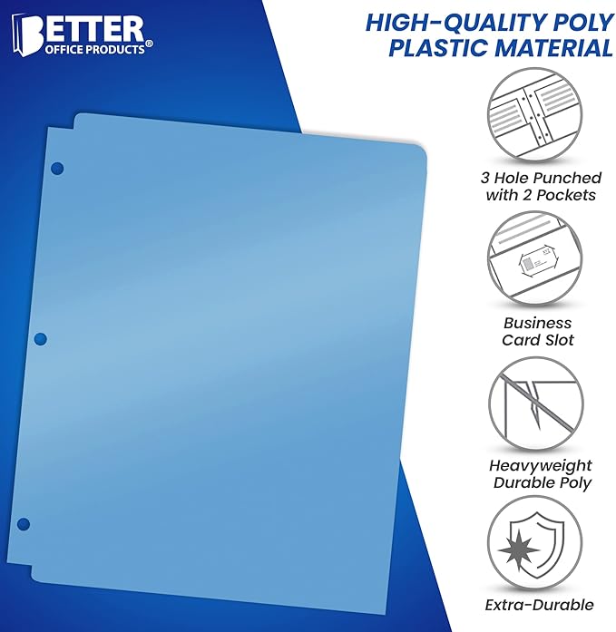 Better Office Products 3 Hole Punch Pocket Folders, 20 Pack Bulk Folders, Sturdy Plastic 2 Pocket Folders, Assorted Primary Colors, Letter Size, with Business Card Slot, 20 Count