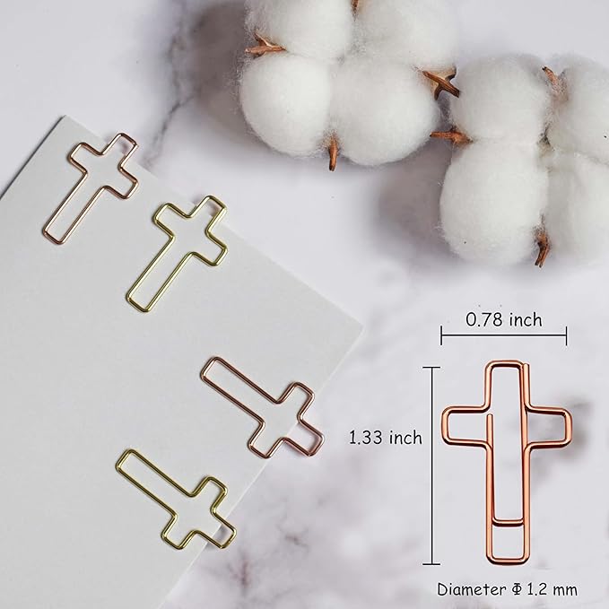 40 Pack Cross Paper Clips with Ribbons Set. 30 Rose Gold Paperclips, 10 Christian Bookmark Ribbons. Bible Study Supplies Accessories