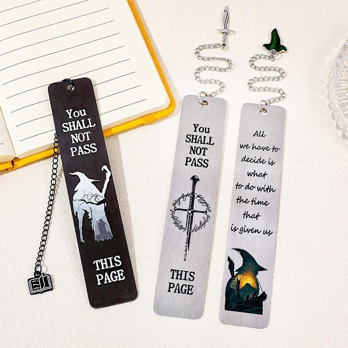 3Pcs Fantasy LOTR Metal Bookmarks Set, Elvish Leaf Pendant with Sword Charm, Evenstar Engraving, Epic Quotes Carved, Dark Academia Book Accessories, Gifts for Readers (Gandalf)