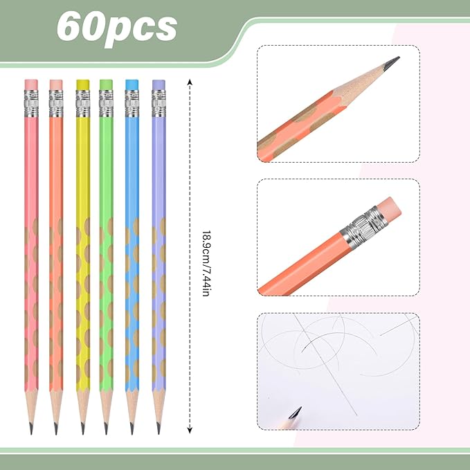TecUnite 60 Pcs HB Pencils #2 Unsharpened Wood Cased Pencils with Eraser Triangular Pencil Cute Graphite No. 2 Pen for Adults Gifts Exam School Office Sketching Learning (Rainbow Color, Silver)