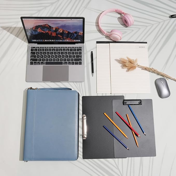 Wason A4 Portfolio with Zipper - Leather PU Padfolio with Detachable Ring Binder and Writing Notepad Holder, Conference File Multi-Pockets Organizer for Office Travel School (Misty Blue)