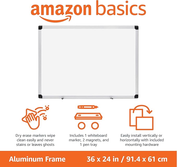 Amazon Basics Magnetic Dry Erase Whiteboard, 36"W x 24"H, Aluminum Frame, Silver/White, Easy to Install and Clean