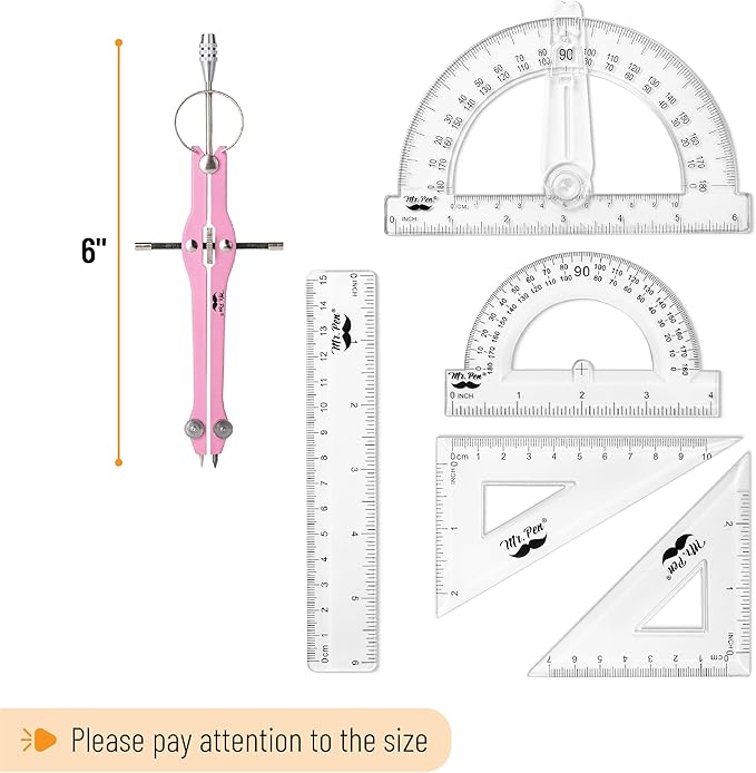 Mr. Pen- Geometry Set, 15 pcs, Pink, 6 Inch Swing Arm Protractor, Divider, Set Squares, Ruler, Compasses and Protractor