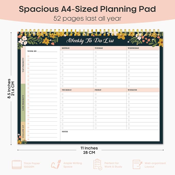 Taja Weekly To Do List Notepad with 52 Undated Sheets（8.5"×11"）- Weekly Desk Planner for Women & Man, Work and Home - 1 Pack Rustic Floral