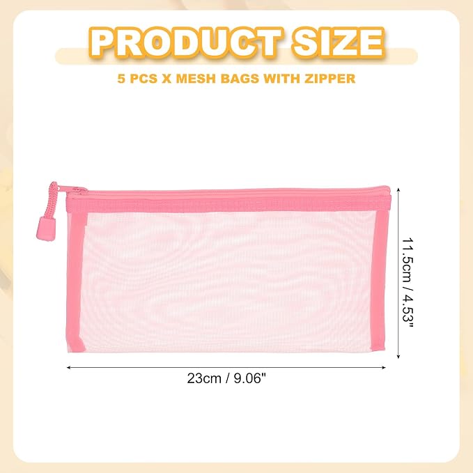 PATIKIL B6 Mesh Zipper Pouch Bags, 5 PCS Mesh Bags with Zipper Plastic Storage Pocket for Organizing File Beads Office Home Supplies, 11.5x23cm, Pink