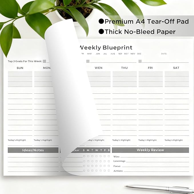 Undated Weekly Organizer & To Do List Notepad - Minimalist A4 52-Sheet Desk Planner for Work School & Family, ADHD Friendly Calendar for Deep Focus & Goal Tracking