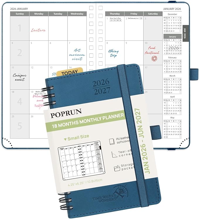 POPRUN Monthly Planner 2026-2027 (Pocket 4.25" x 6.25") 18 Months Calendar (Jan 2026 - Jun 2027) - 4 Pages per Month with Expense & Notes, Leather Cover, Sunday Starts - Navy Blue