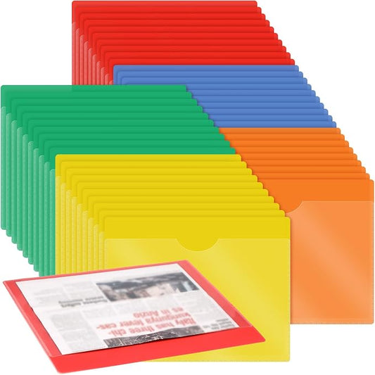 Kisston 50 Pack Heavy Duty Vinyl Plastic Folders with Clear Front Pocket File Jackets, Three Sided Closed, Letter Size Plastic Folders for Documents, 11.75 x 9.25 Inch (5 Colors)