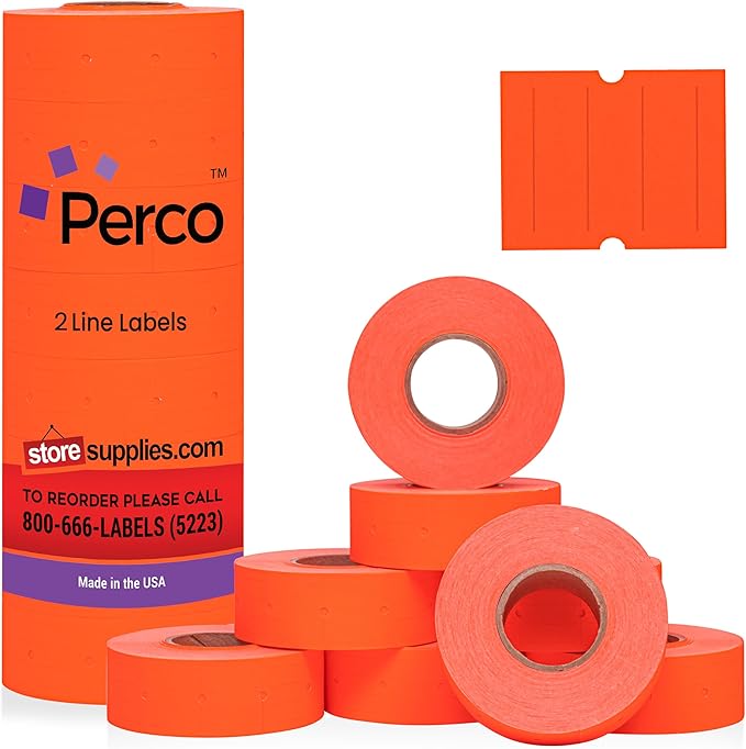Perco 2 Line Fluorescent Red Labels - 8 Rolls, 1 Sleeve, 6,000 Blank Price and Date Gun Labels for Perco 2 Line Price and Date Guns - Made in USA