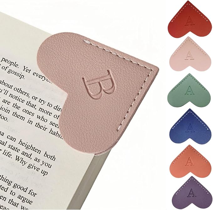 Personalized Leather Heart Bookmarks with Initials, 26 Letters Custom Corner Book Mark for Reading Women,Teacher, Student, Book Lovers Book Marker, Meaningful Gifts (Red+Pink,B)