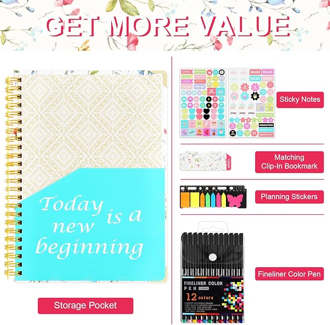 2026 Planner, Daily Weekly Monthly Planner with Tabs, 2026 monthly planner with Color Pen, Sticky Notes and Stickers, 6.2" x 8.5", Durable Twin Wire Binding, Storage Pocket - Floral Multicolor