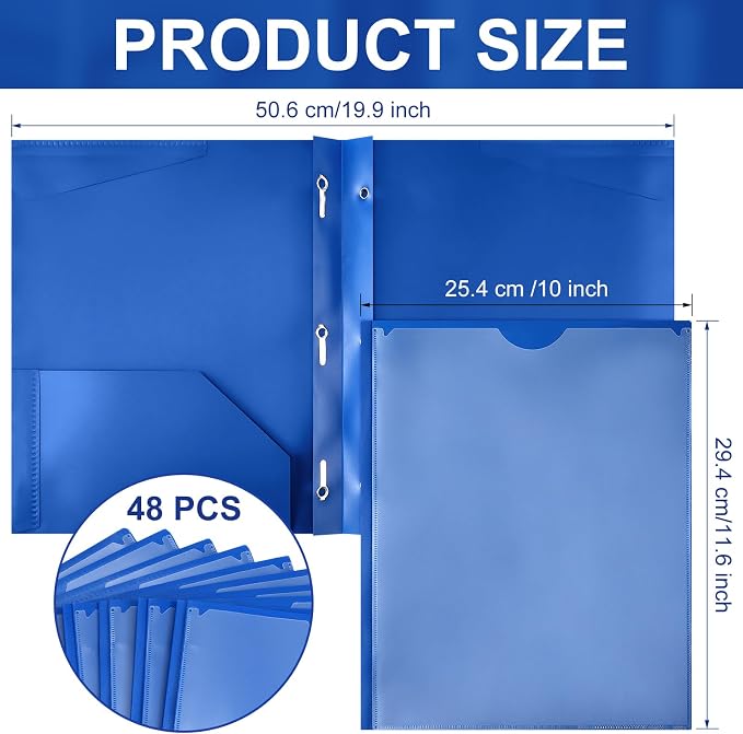 Tenceur 48 Pack Plastic Folders with 3 Prongs Bulk Heavy Duty Folders with Clear Front Pockets and Card Slots with Fasteners Fit Letter-Size Papers for Work School Office (Blue)