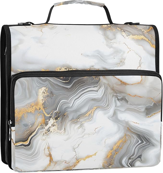 ALAZA White & Gold Marble 3 Ring School Zipper Binder Bag Expanding File Folder Case Briefcase with Shoulder Strap
