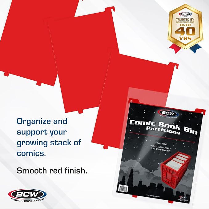 BCW Comic Bin Partitions | Exclusive Organizer for Short and Long Comic Book Bins | Notched, Tabbed, and Structurally Supportive Dividers (Red, 3 Pack)