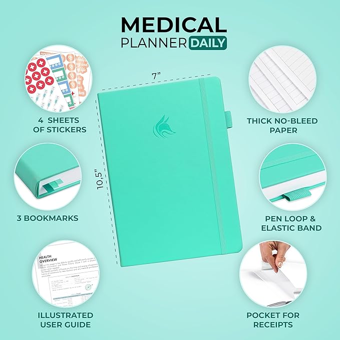 Clever Fox Medical Planner Daily – Health Diary Notebook, Wellness Journal & Self-Care Logbook, Lasts 3 Months, 7x10.5″ (Light Turquoise)