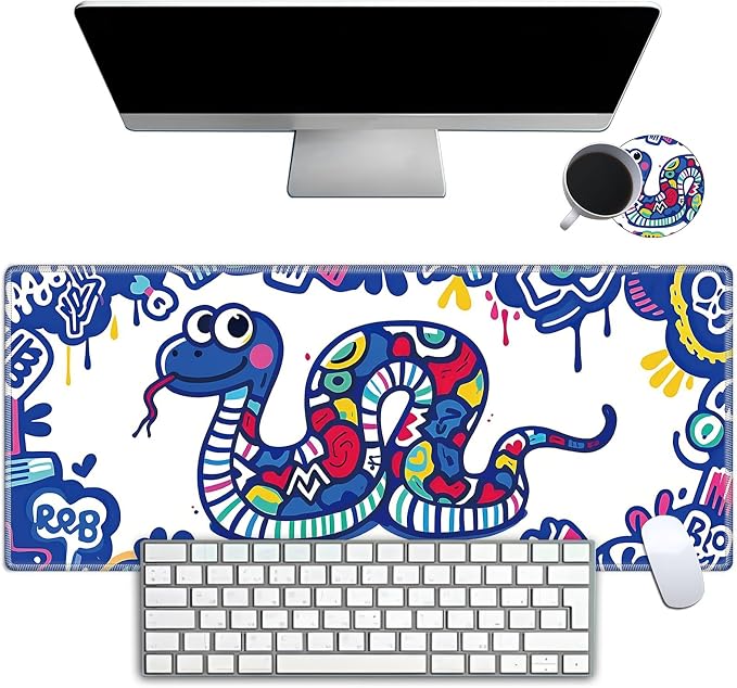 Mouse Pad Gaming Mousepad 31.5x11.8 Inch XXL Large + Coasters,Desk Mat with Stitched Edges, Non-Slip Rubber Base, Thick Mouse Pad for Computer, Laptop, Office & Home - Cute Snake