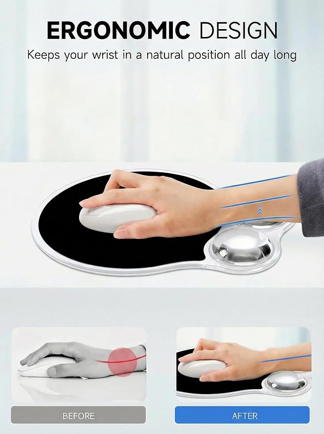 Ergonomic Gel Mouse Pad Wrist Rest Support for Desk, PU Base, Smooth Surface, Crystal Gel Cushion, Non-Slip Stability, Mousepad for Office/Home/Study Black AMP-04