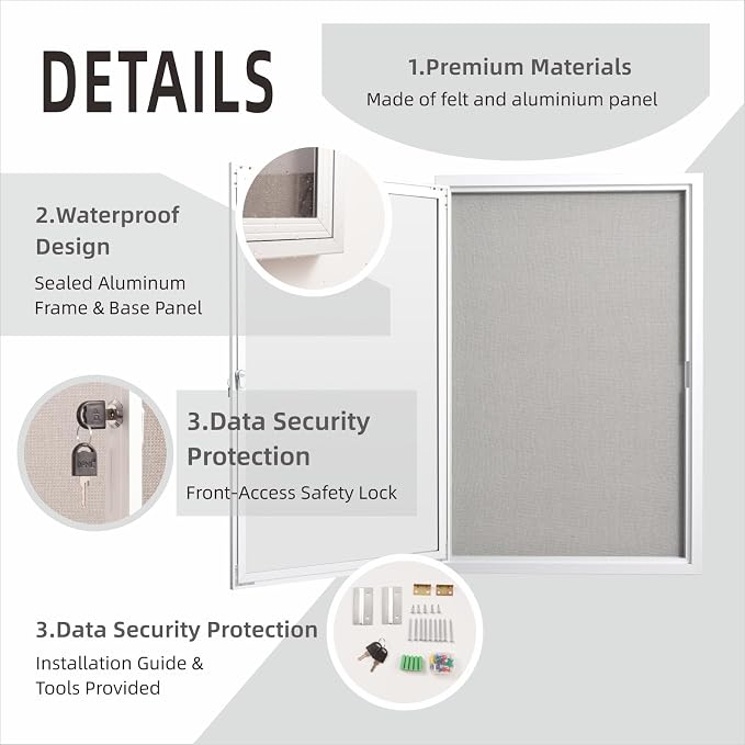 36×24 Inch Lockable Enclosed Bulletin Board, Weather-Resistant Outdoor Noticeboard with 2Locking Doors, Wall-Mounted Silver Aluminum Frame & Grey Felt Presentation Board