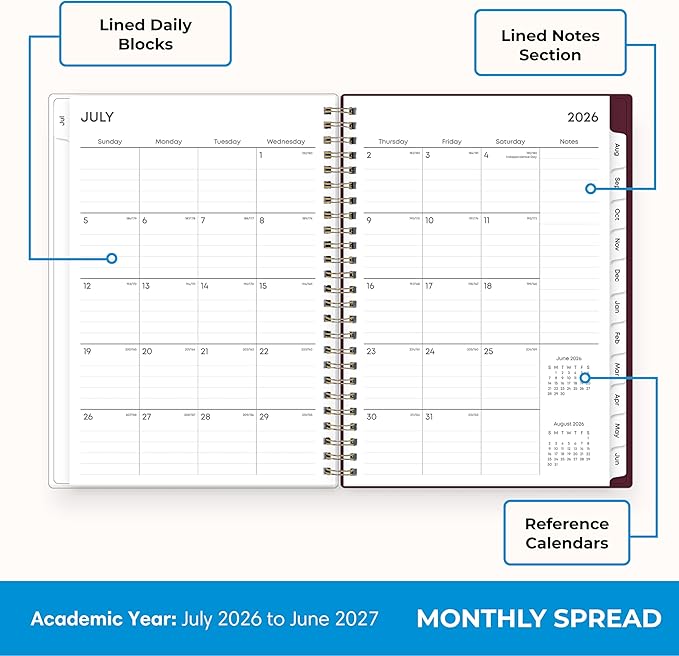Blue Sky 2026-2027 Weekly and Monthly Academic Year Planner Calendar, July 2026 - June 2027, 5.875" x 8.625", Flexible Pocket Cover, Wirebound, Laminated Tabs, Includes Extra 30 Sheets of Notes, Dark Peonies