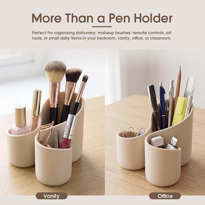 Aesthetic Desk Organizer Boho Pen Holder Modern Pencil Holder Beige Plastic Makeup Brush Organizer for Office Desk Accessories Stylish Home Office Art Decor Supplies (3 Slots)