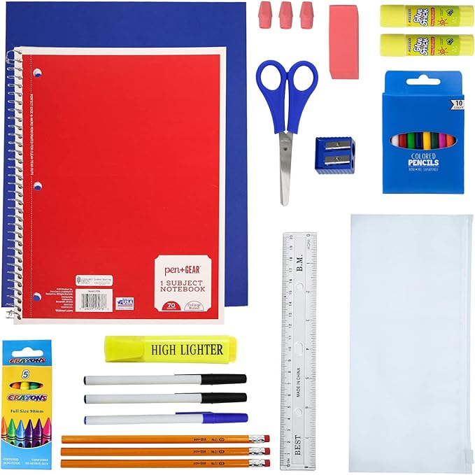 34 Piece Bulk School Supplies Kits - Pens, Pencils, Crayons, and More - Value Pack of 24 Kits - Essential Box of School Supplies for Elementary, Middle, and High School Students