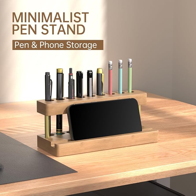 Wooden Holder for Office Desk, Solid Wood Pen Display Stand With 9 Slots and Cell Phone Holder, Aesthetic Pen Organizer for Minimalist Office Desk Decor (Wood+Gold)