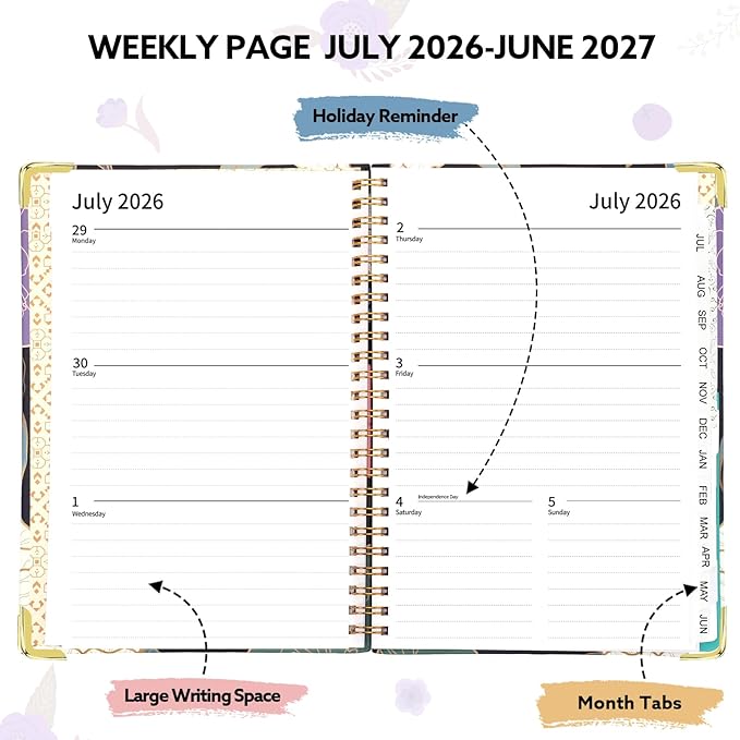 2026-2027 Planner, Weekly and Monthly Planner, July 2026-June 2027, Calendar Planner A5 (6.1" x 8.4") with Tabs, Inner Pocket for Home School Office Supplies, Blue Flower