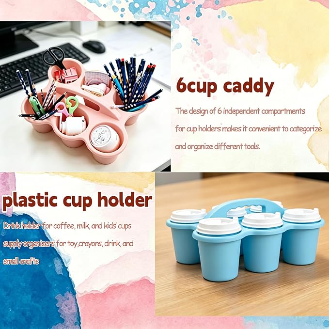6 Pack Classroom Caddy Organizer with Handle Pastel Plastic Table Caddy 6 Compartments Storage Cup Holder for School Supplies Art Crafts Crayons Pencils Stackable Desk Caddy for Office Home