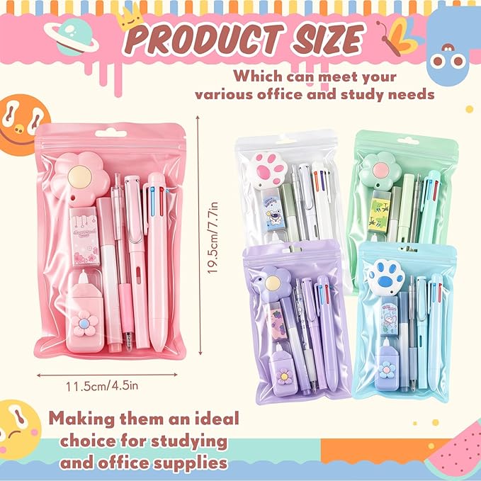 Sayglossy 5 Sets 7 Pcs Kawaii Stationery Set Cute Stationery Mini Office Supply Kit Cute School Supplies Including Ballpoint Pens Pencil Sharpener Highlighter Correction Tape Ruler Utility Knife
