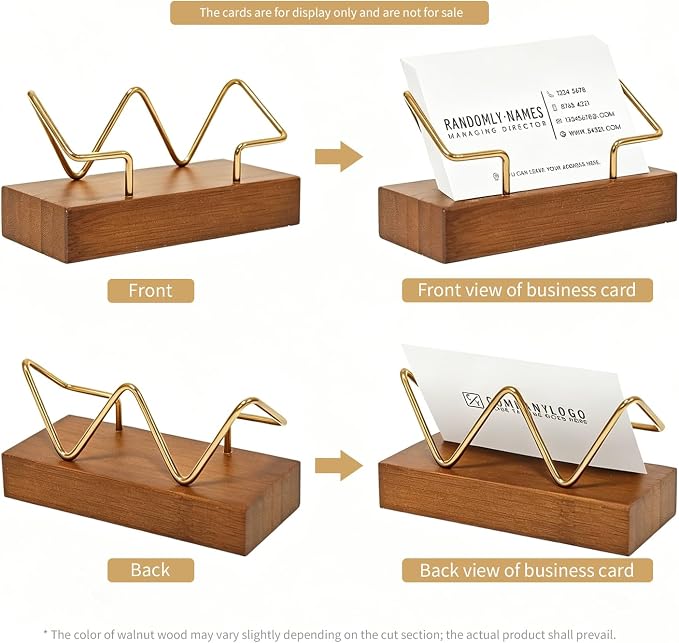 2 Pack Wood Business Card Holder for Desk, Wooden Business Name Card Display Stand Postcard Holder for Office Home Desktop,Desk Accessory Business Name Card Organizer(Walnut Color, Golden)