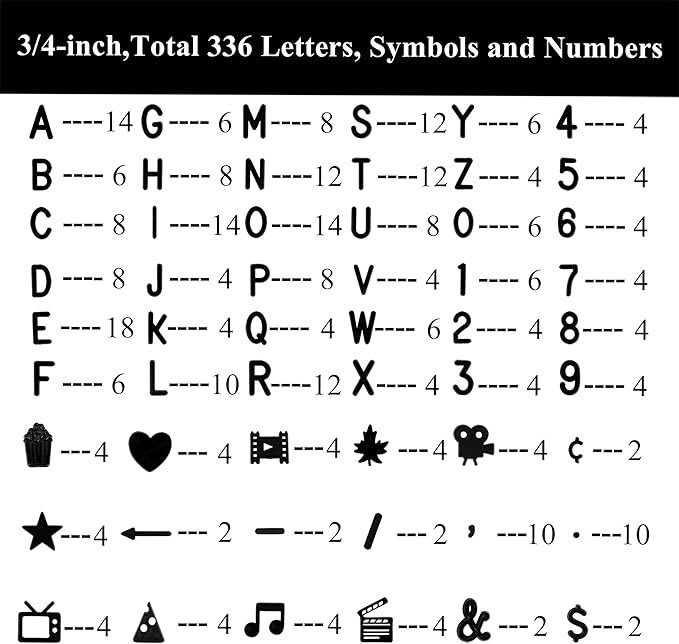 C CRYSTAL LEMON 3/4 Inch Black Letter Board Letters, 336 Pcs Plastic Letters Numbers Symbols, Replacement Set for Compatible Felt Letter Boards, No Board Included