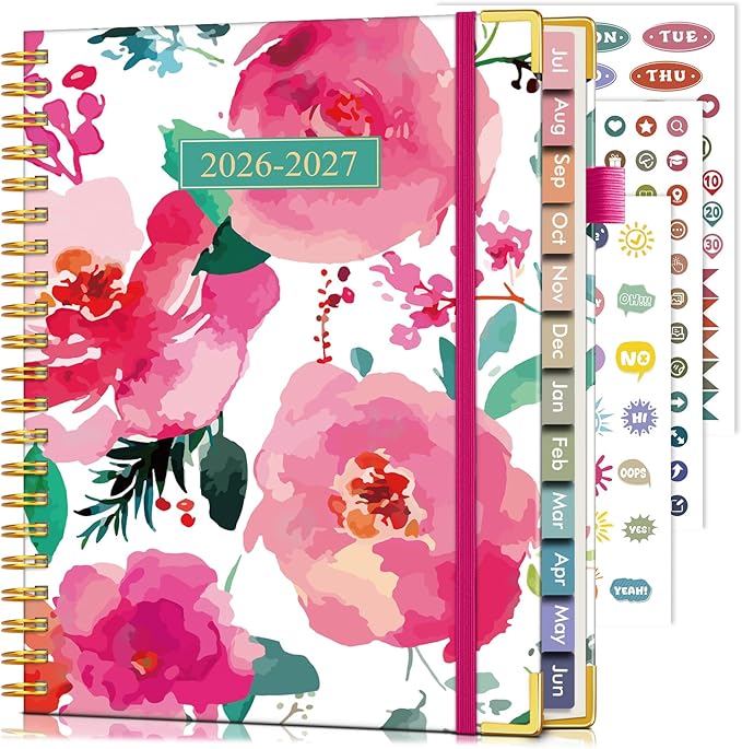 Academic Planner 2026-2027, Hardcover Leather Weekly and Monthly Calendar Planner from July 2026 - June 2027, A4 8.5" x 11" Daily Agenda with Tabs, College School Organizer for Student Teacher, Watercolor Blooms