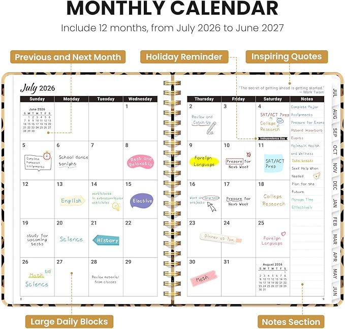 Planner 2026-2027, Monthly and Weekly Academic Planner July 2026 - June 2027, Hardcover Student Teacher Planning Agenda Calendar Book with Tabs, Perfect for Office School Supplies, A4 (8.5" x 11") - Leopard